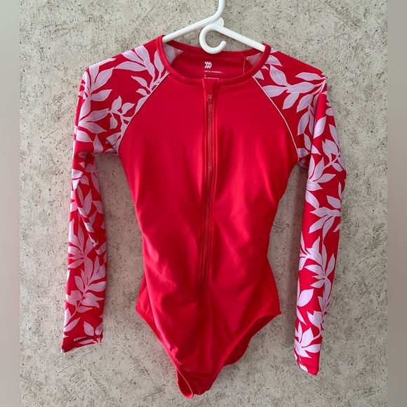 all in motion Other - all in motion Pink Red Floral Zip-Front Long Sleeve Swimsuit